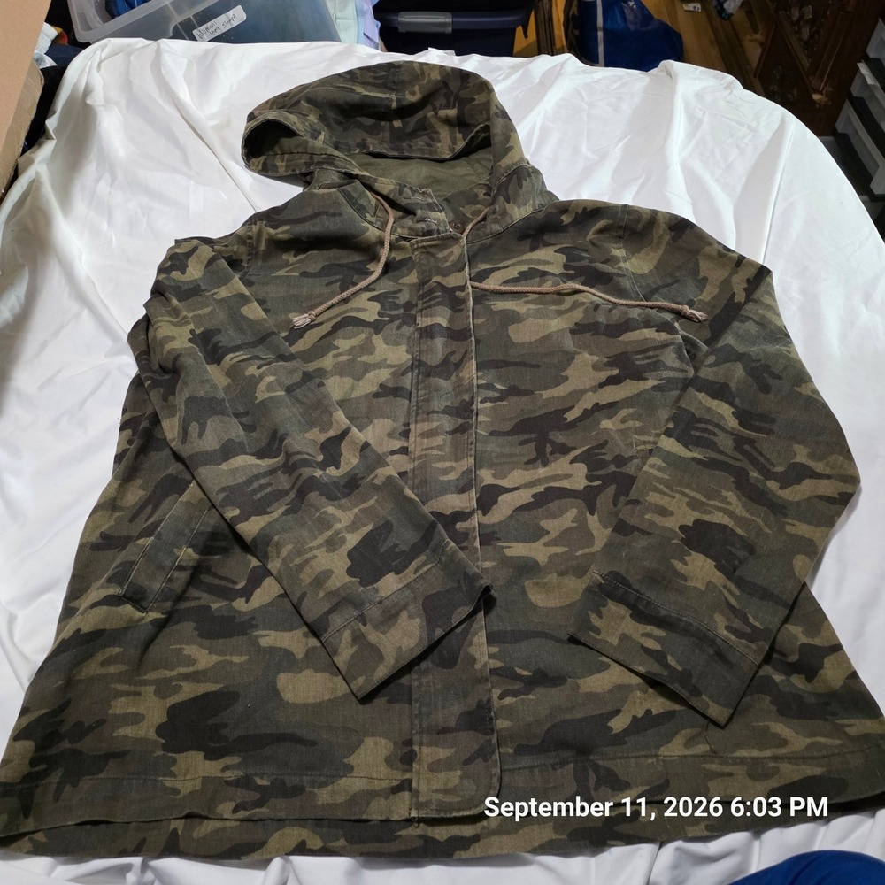 Hem & Thread Camo Hooded Utility Jacket Green Brown Camouflage Womens 2X 5557-X